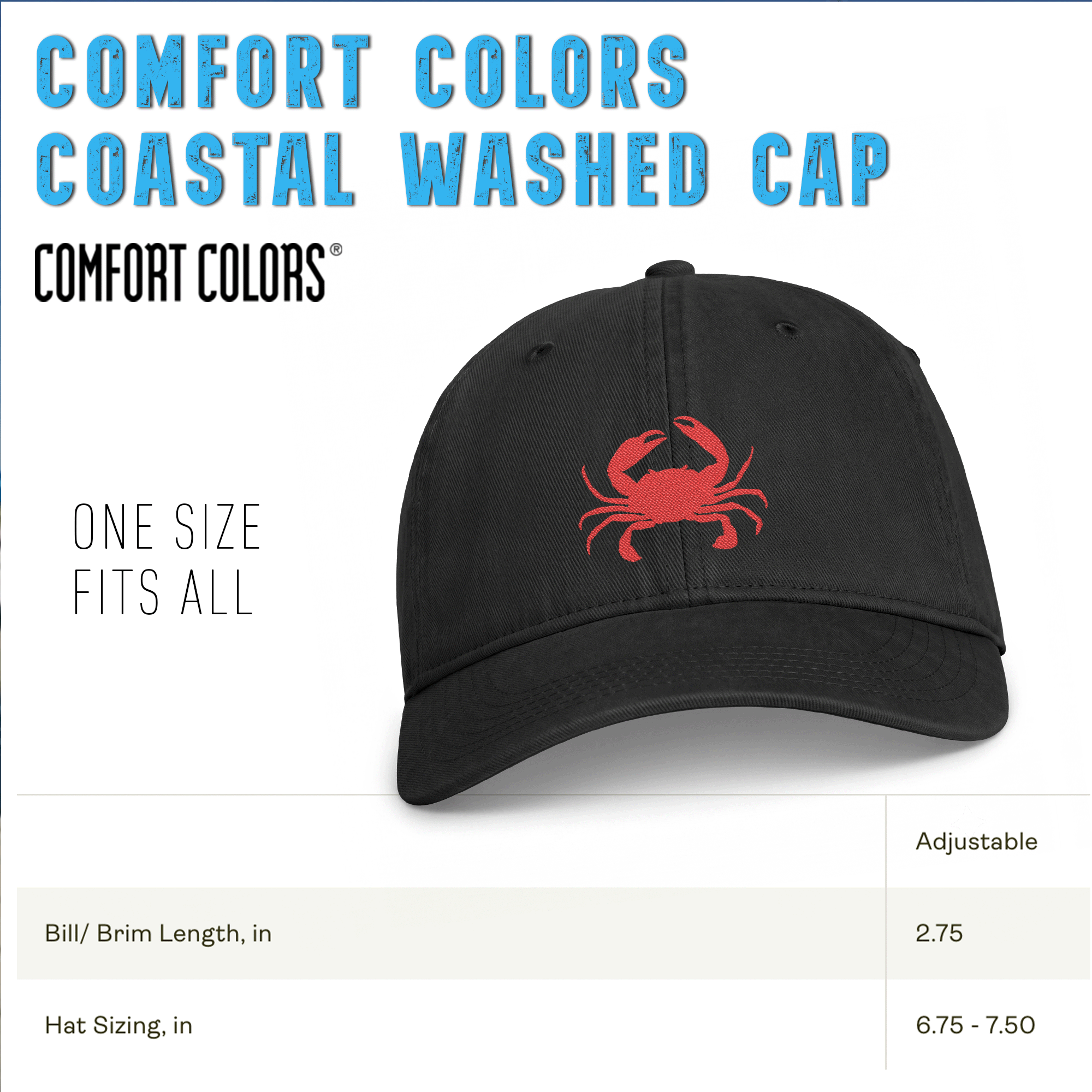 Embroidered Red Crab Coastal Washed Cap