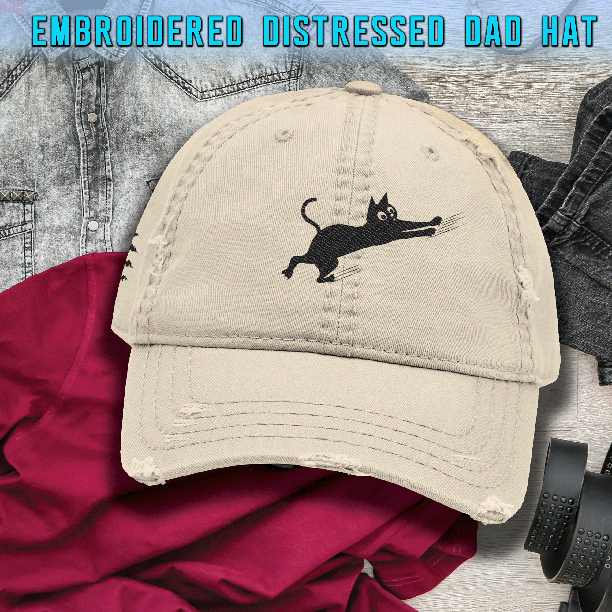 Embroidered Cat Clawing Distressed Dad Hat