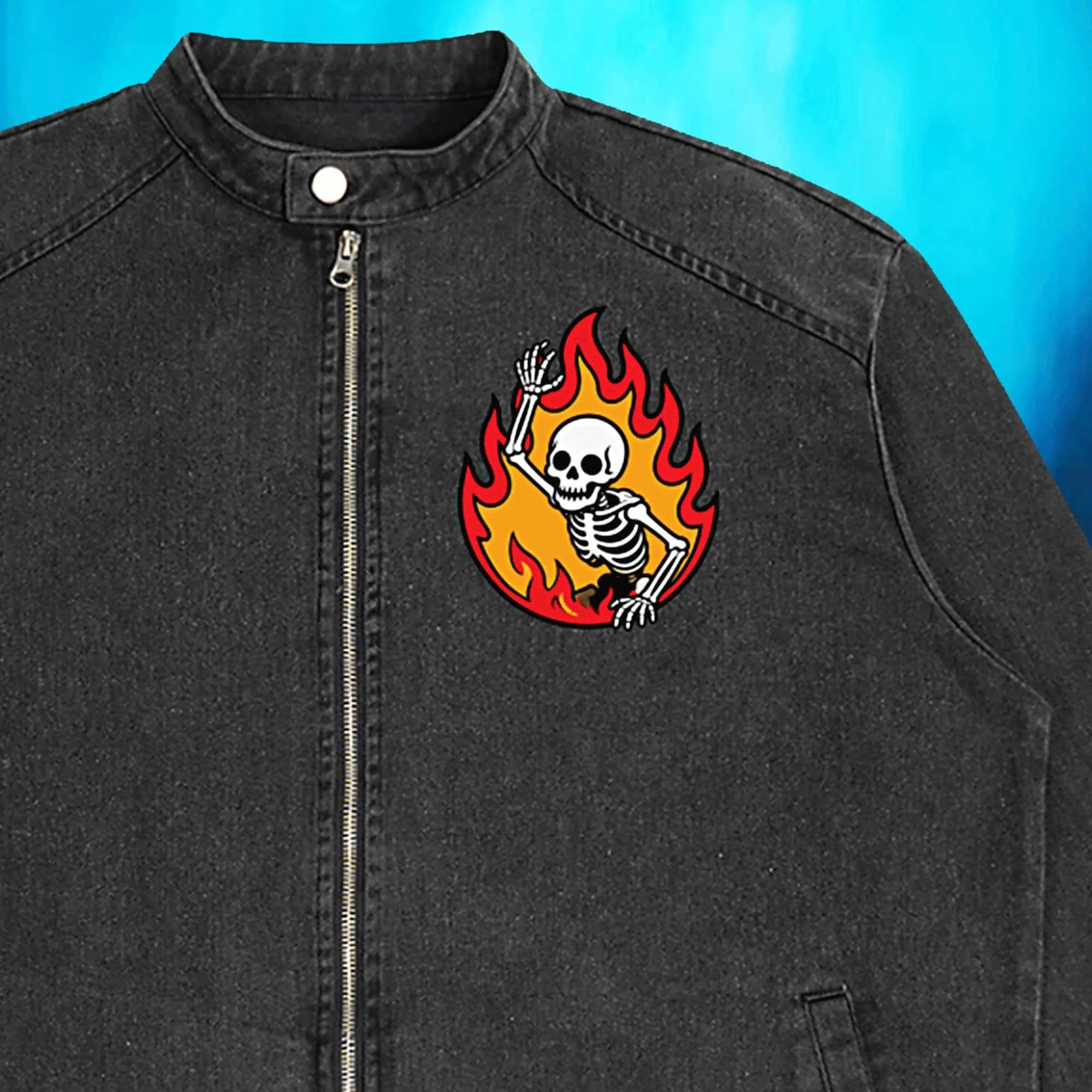 Skeleton Flame Boy Vintage Washed Denim Jacket