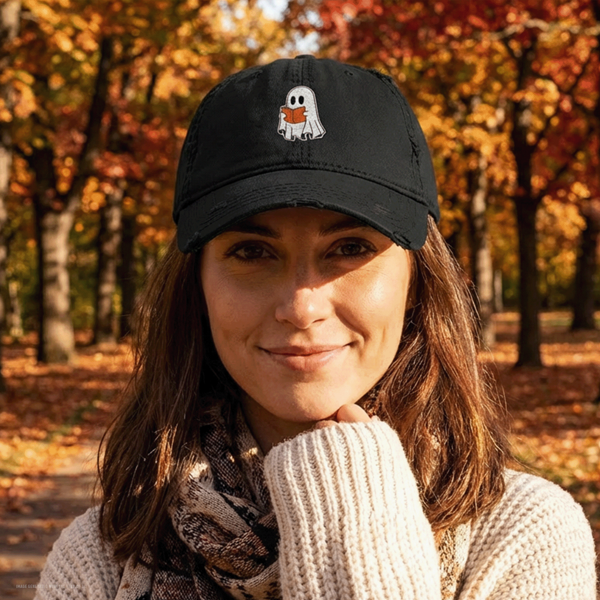 Embroidered Halloween Ghost Reading Book Distressed Dad Hat