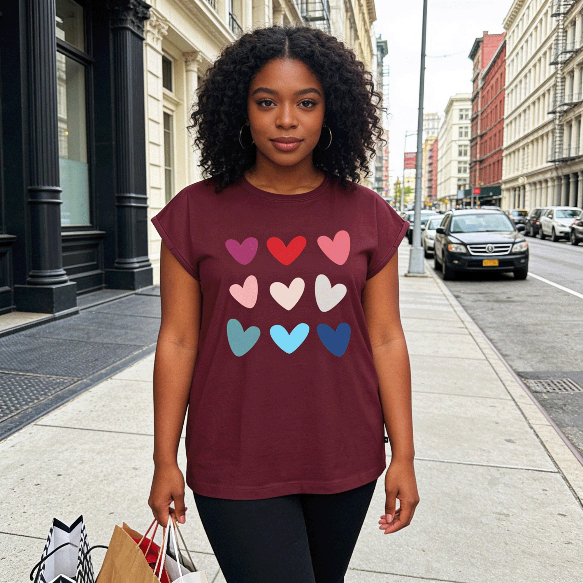 Women's Colored Hearts Roll Cuff T-Shirt