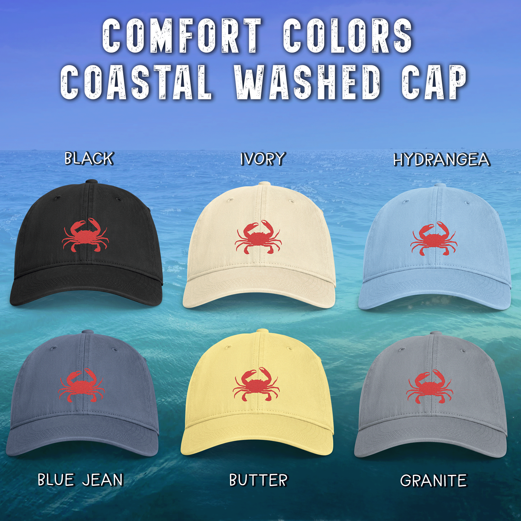 Embroidered Red Crab Coastal Washed Cap