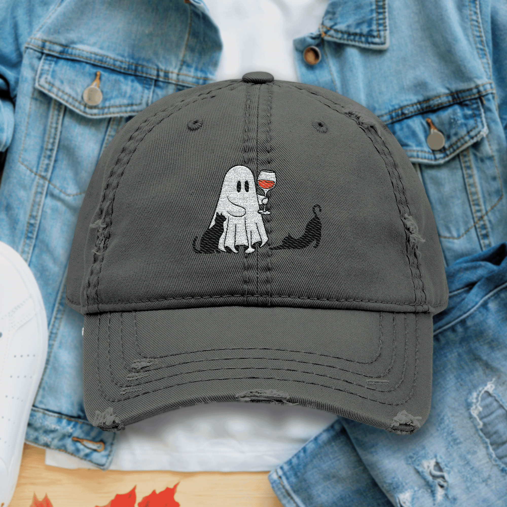 Embroidered Halloween Ghost Drinking Wine Distressed Dad Hat
