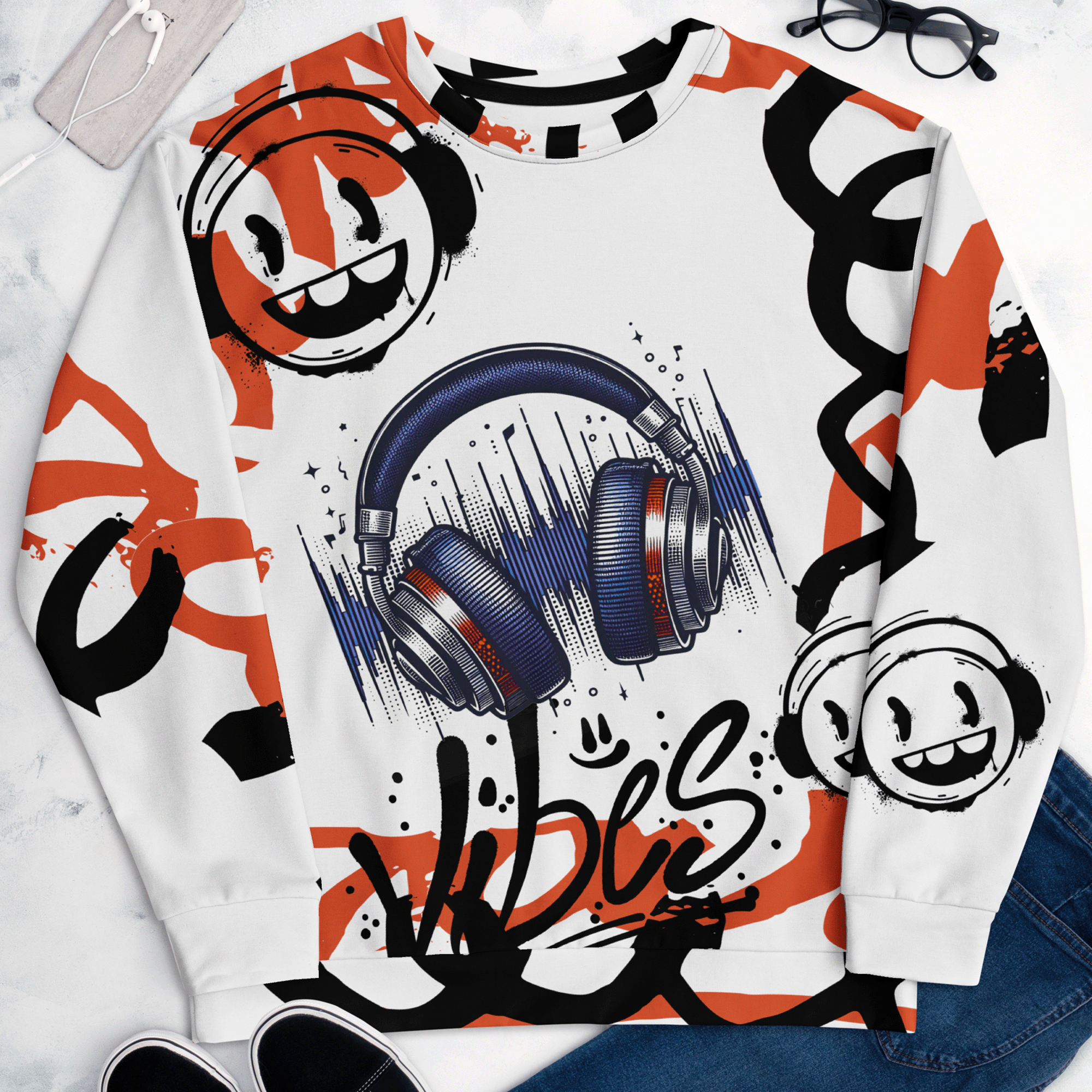 Good Vibes Headphones Graffiti Style Unisex Cotton Sweatshirt
