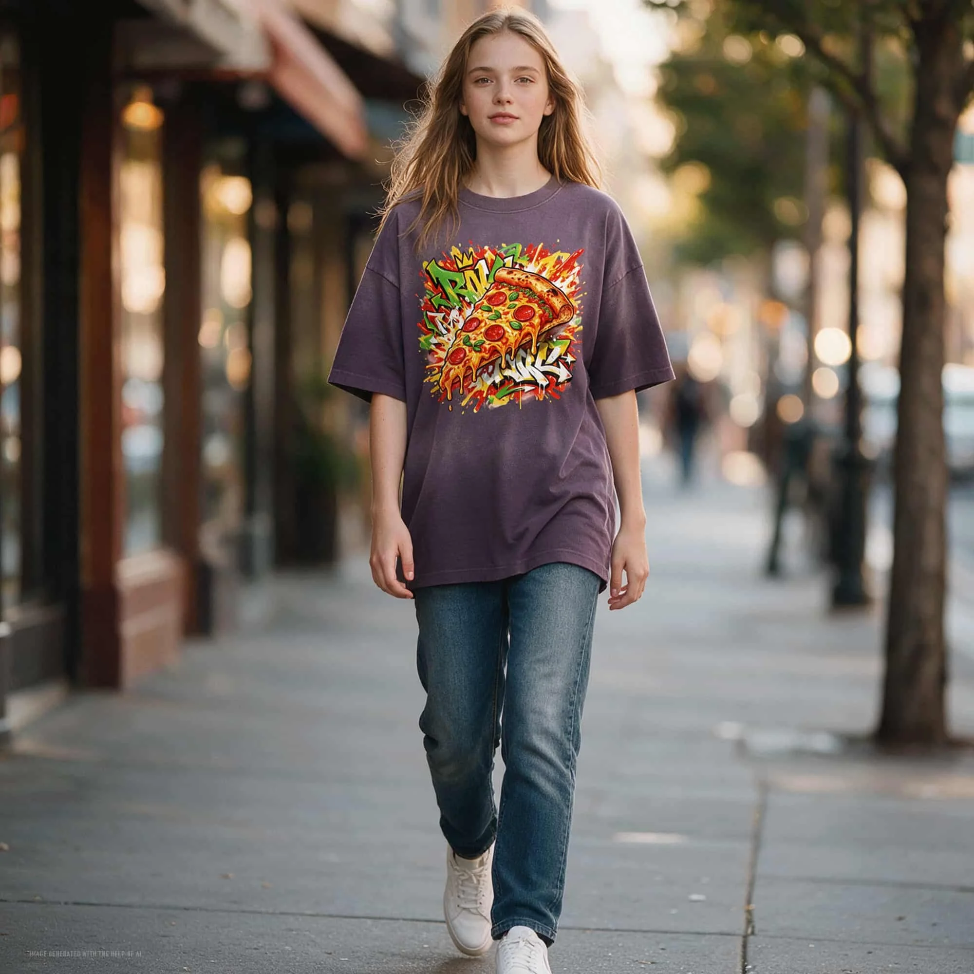 Pizza Graffiti Sun Faded Hand-Frayed Cotton T-Shirt