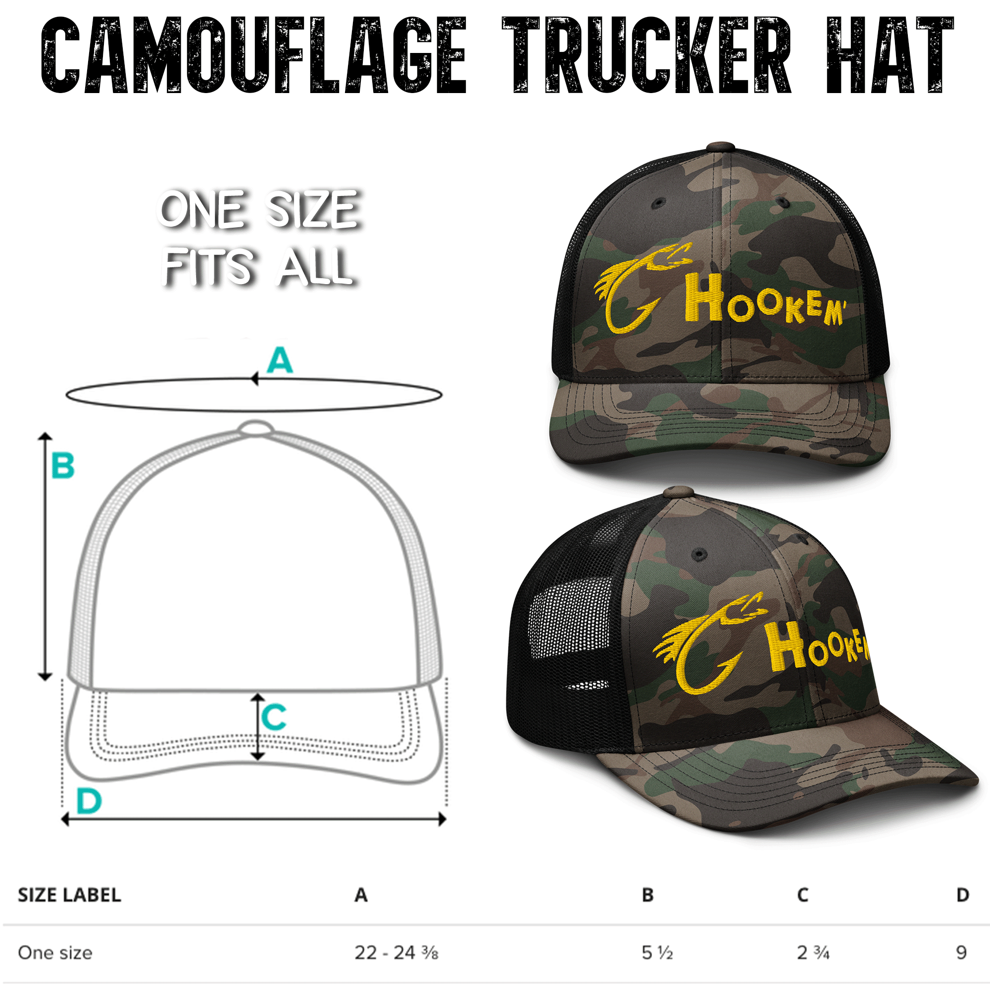 Embroidered Hookem Fishing Camouflage Trucker Hat