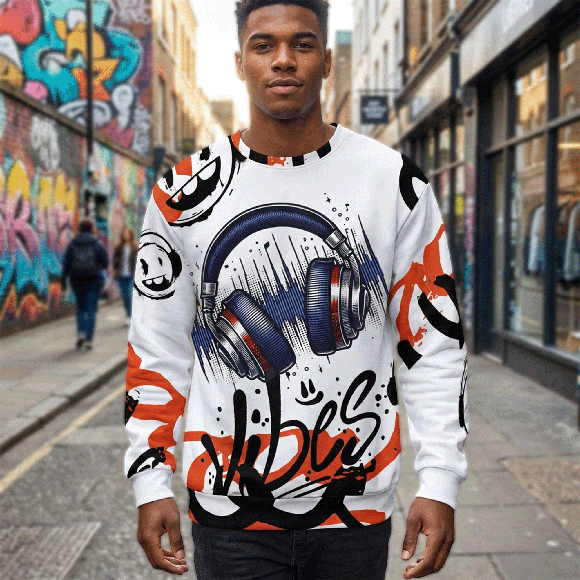 Good Vibes Headphones Graffiti Style Unisex Cotton Sweatshirt