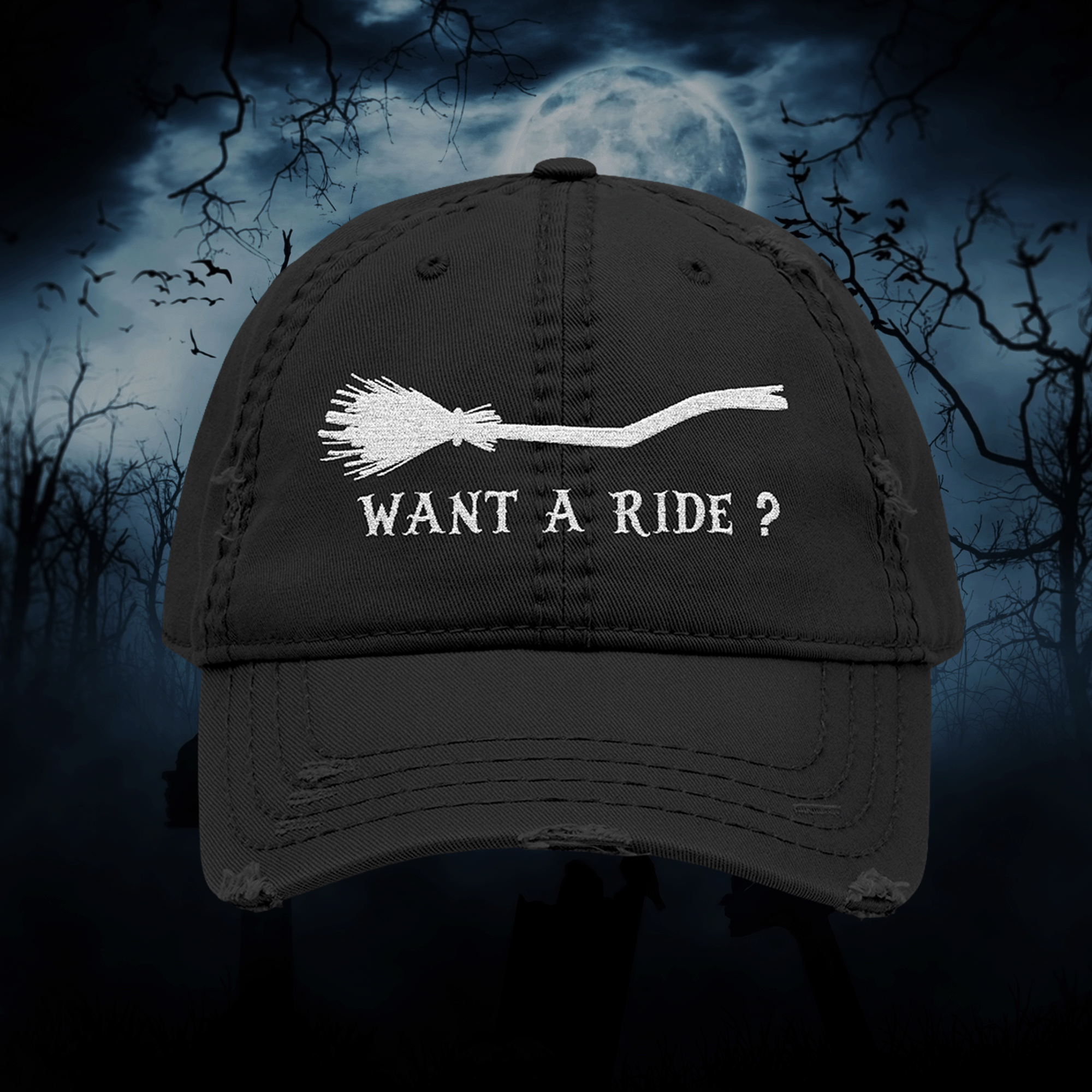 Embroidered Halloween Witch Broom Distressed Dad Hat