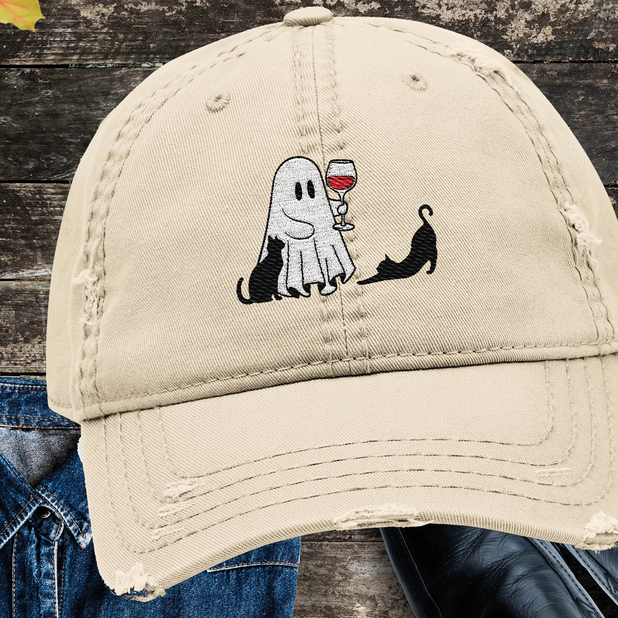 Embroidered Halloween Ghost Drinking Wine Distressed Dad Hat