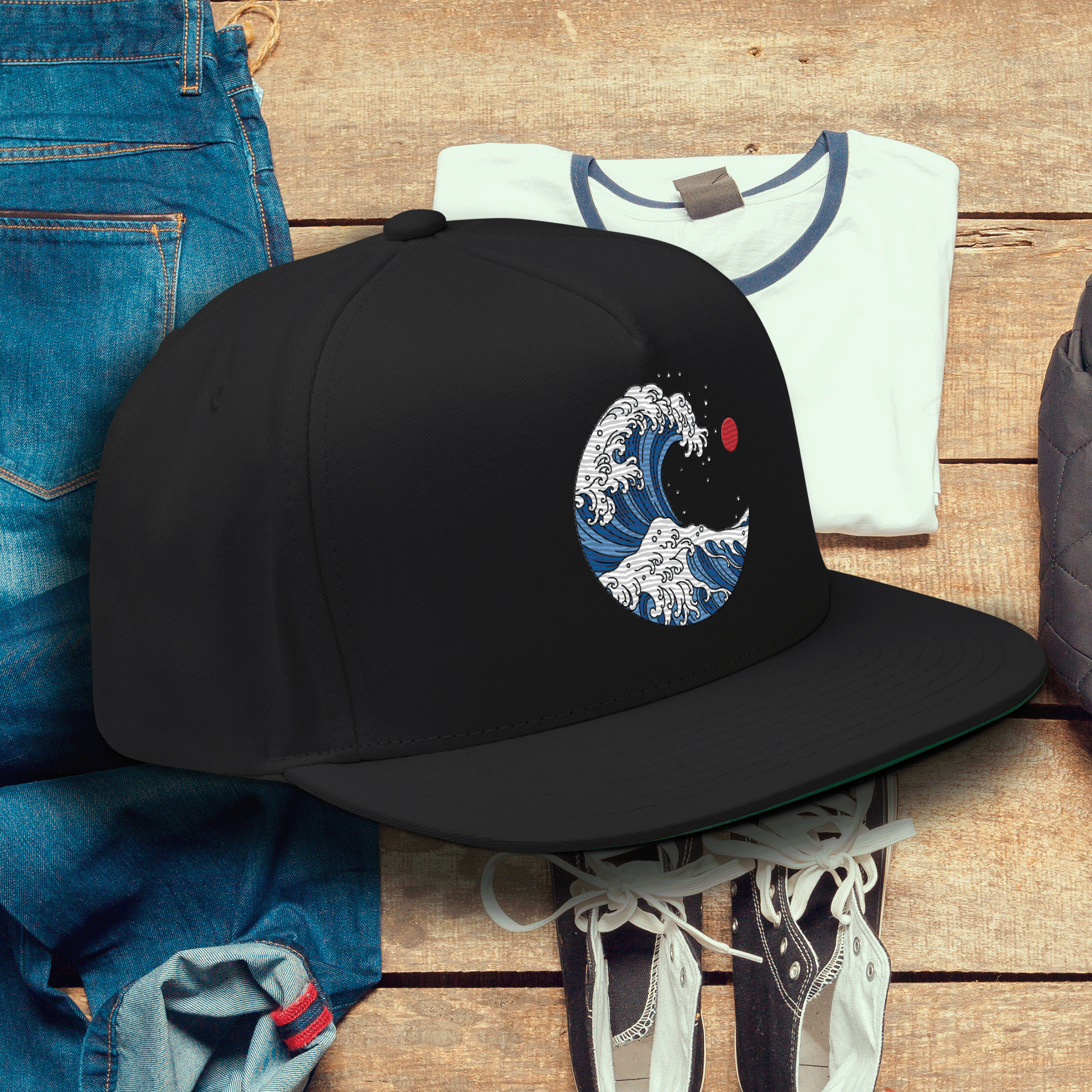 Embroidered Ocean Wave Flat Bill Cap