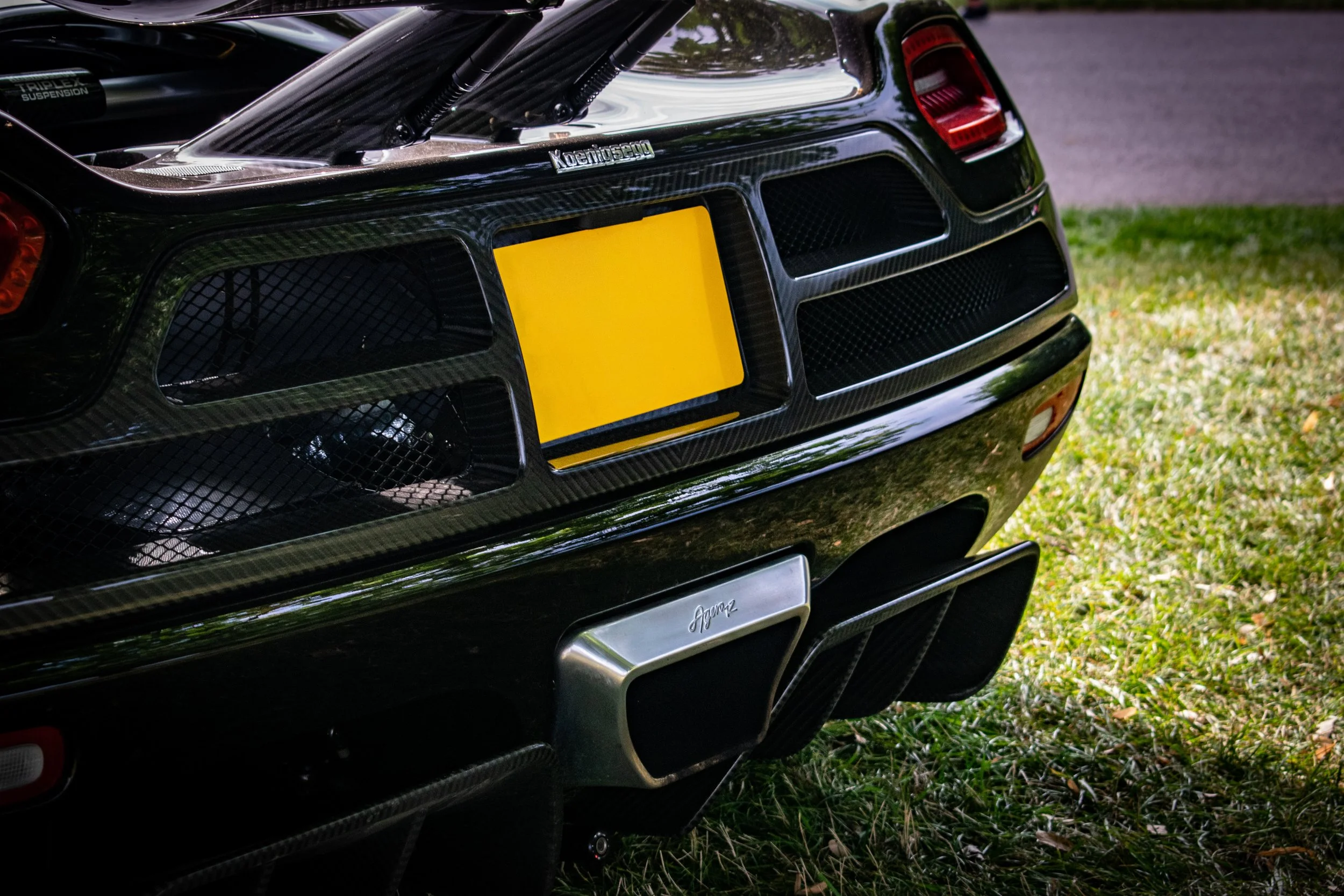 Close-up of the rear of a black sports car with a carbon fiber body, visible engine components, and a rear diffuser, parked on grassy ground.