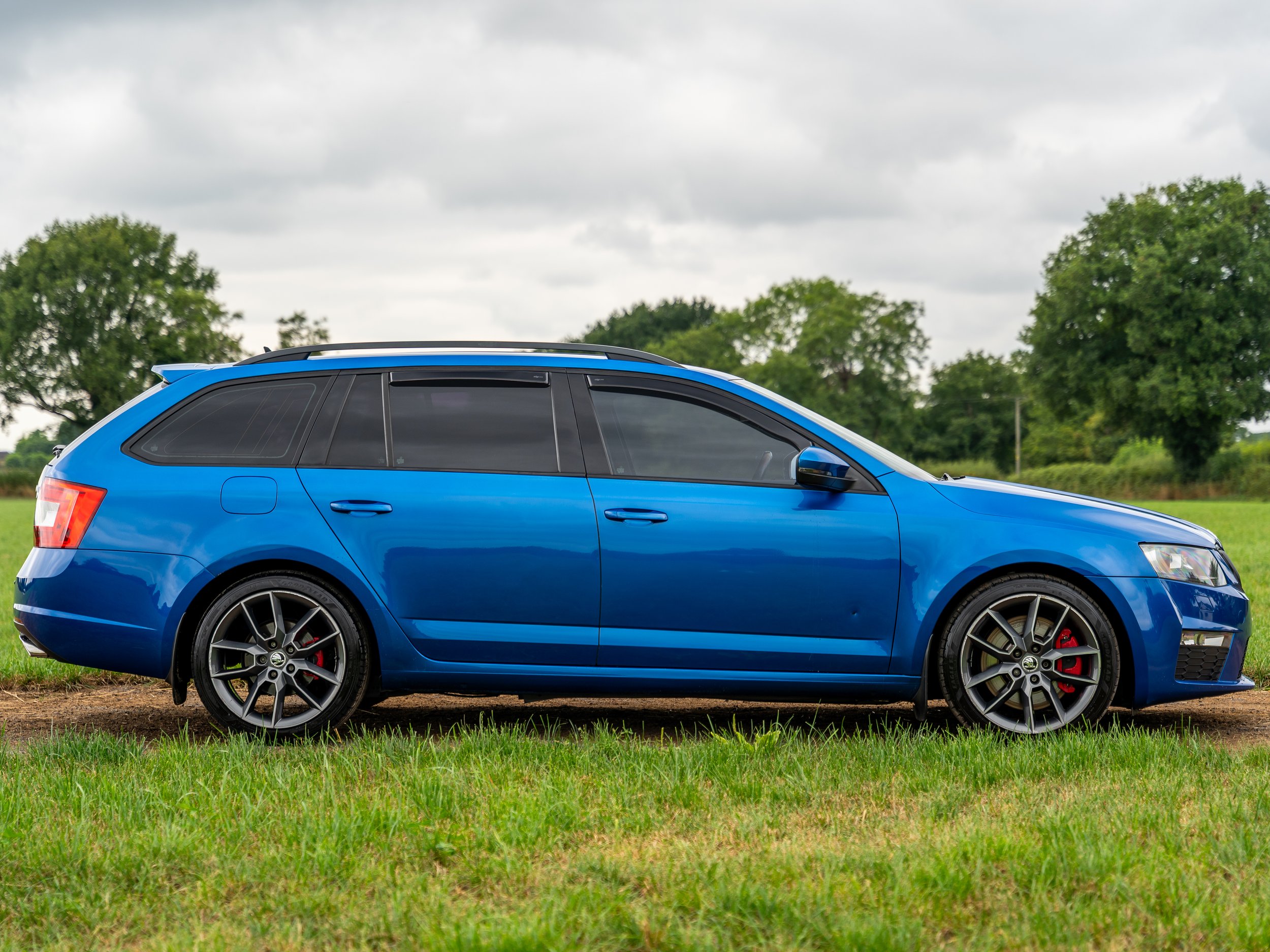 A blue station wagon parked on a grassy area with trees and a cloudy sky in the background.