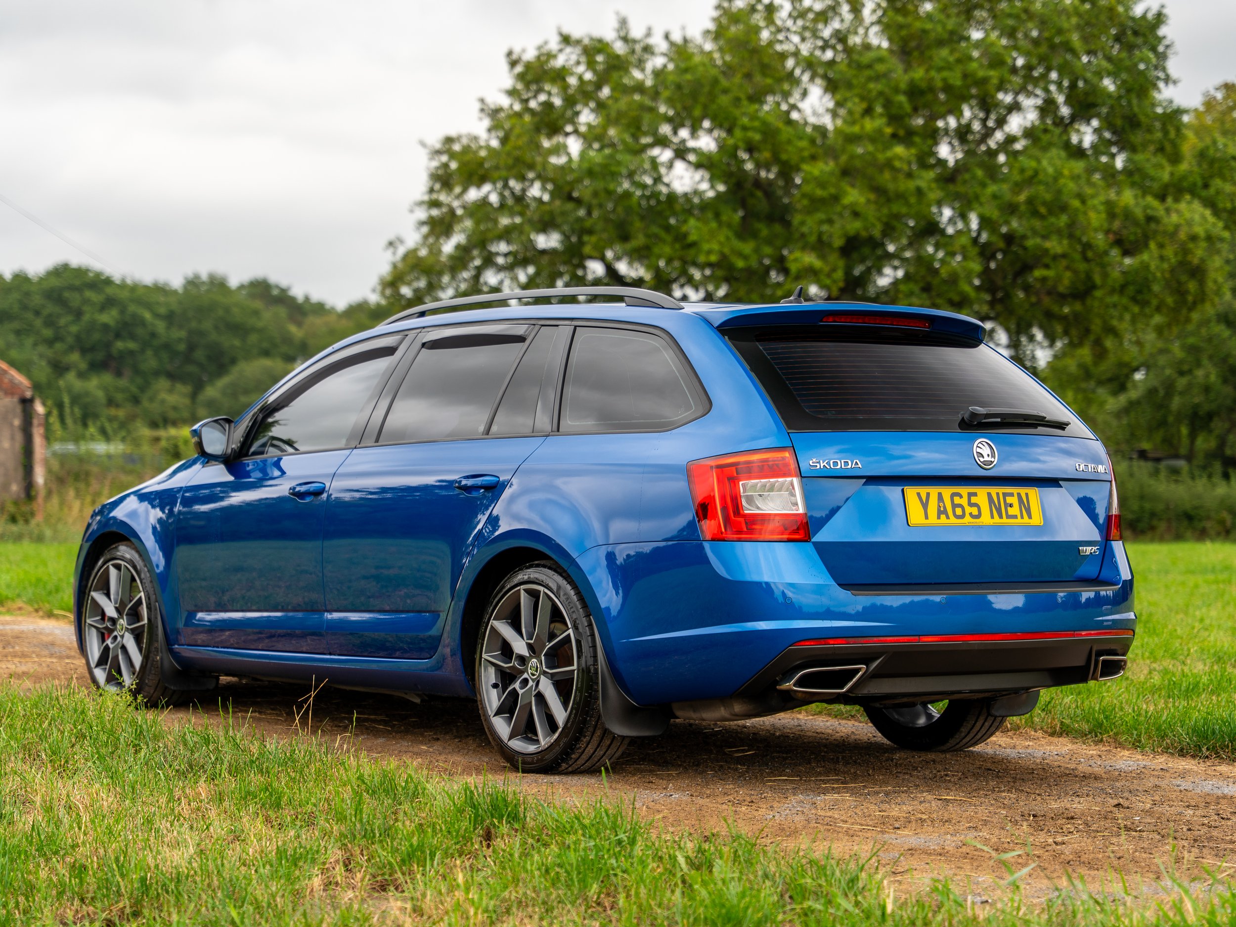Blue Skoda Octavia station wagon parked on grassy field with dirt patch, trees, and cloudy sky in background.