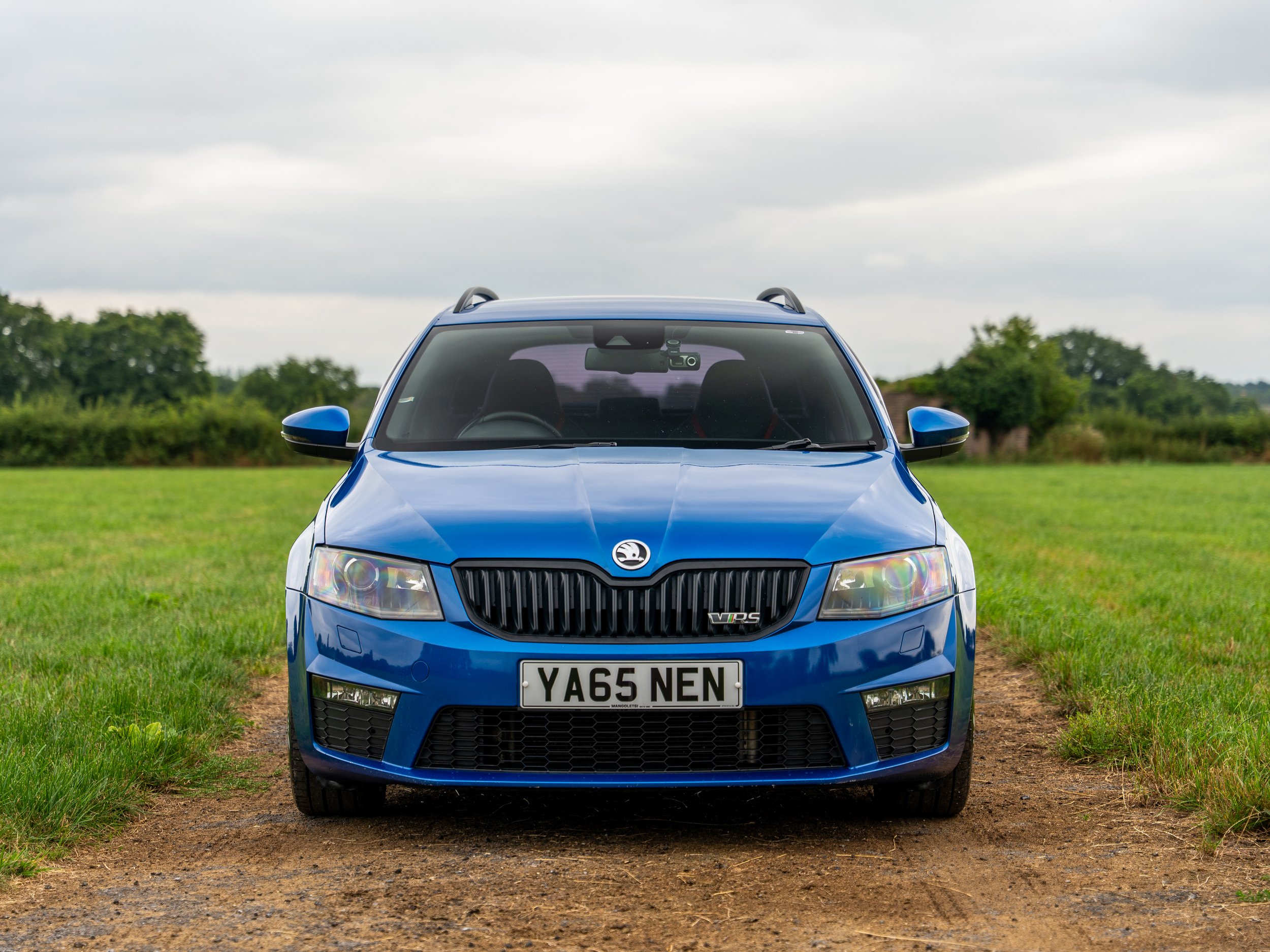 Front view of a blue Skoda hatchback car parked on a dirt path in a grassy field with trees in the background under cloudy sky.