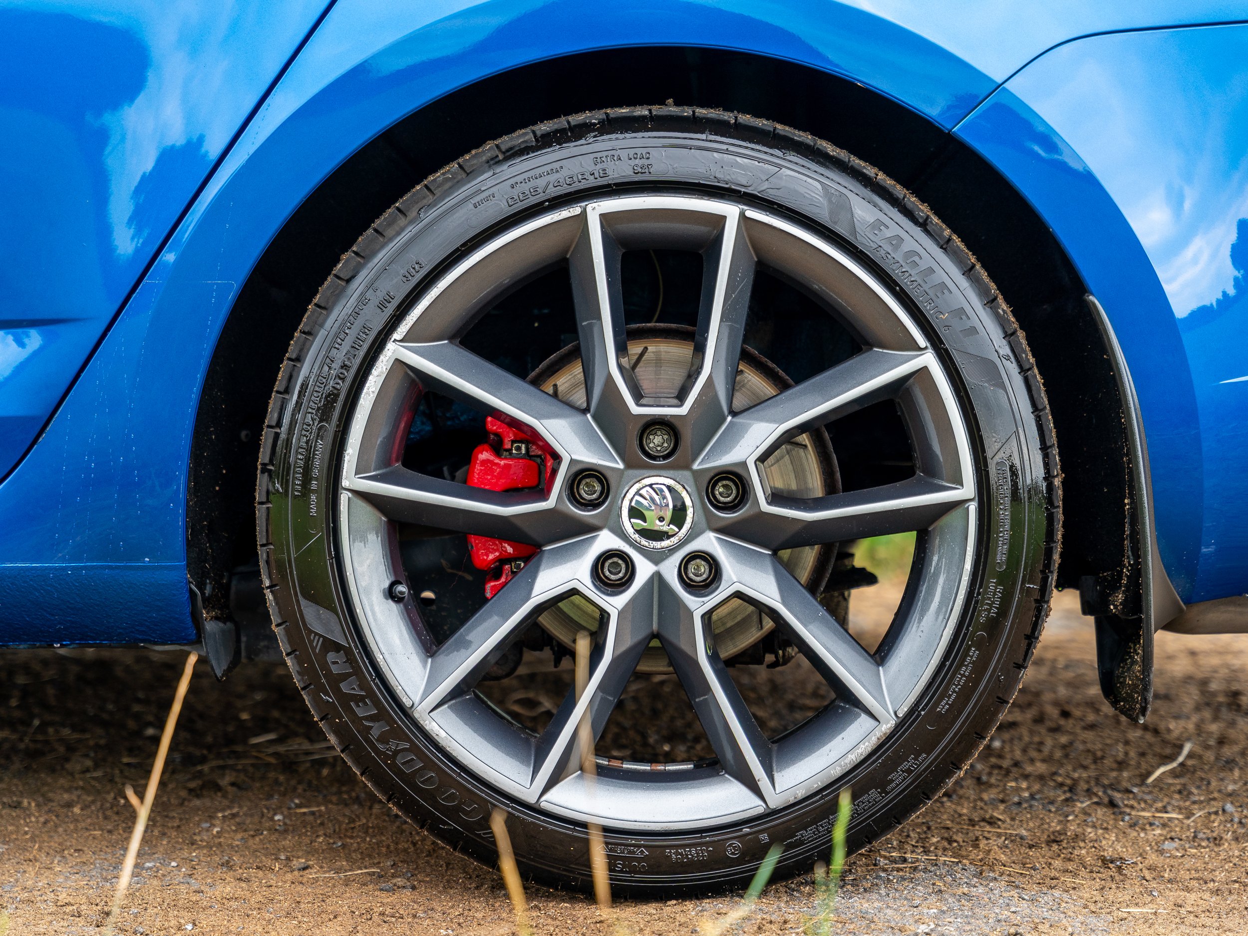 Close-up of a blue sports car wheel with a gray alloy rim, red brake caliper, and tire, on a dirt surface.