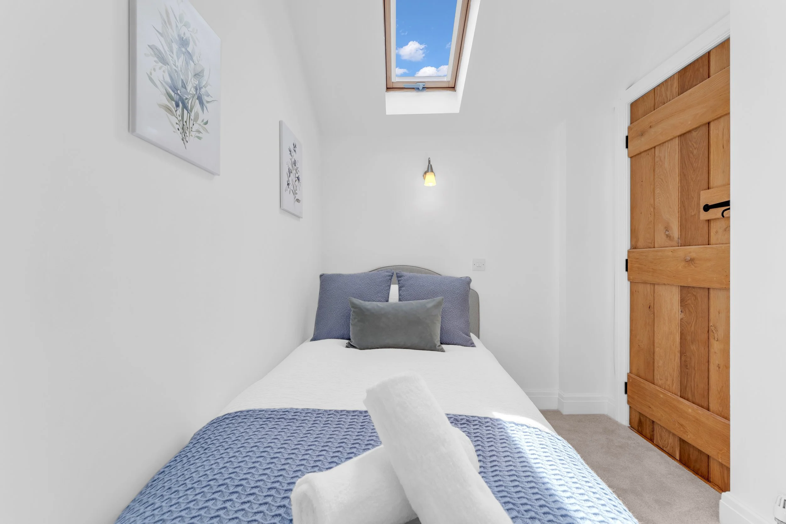 A cozy bedroom with white walls, a bed with blue and white bedding, and a gray pillow. There are two framed botanical prints on the wall, a small wall-mounted light fixture, and a skylight window showing a blue sky with clouds. A wooden door with bla