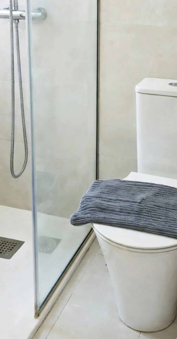Bathroom with a glass shower enclosure, a toilet with a gray towel on top, and a beige tiled wall.
