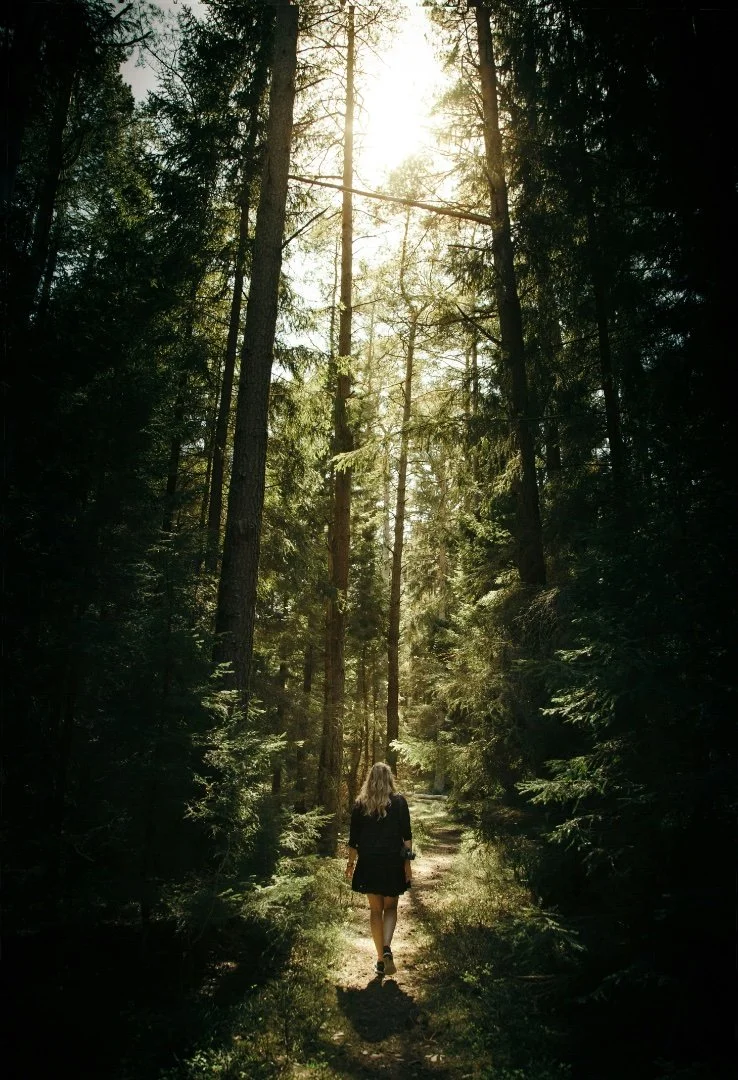 Woman walking a path inside a rain forrest.
