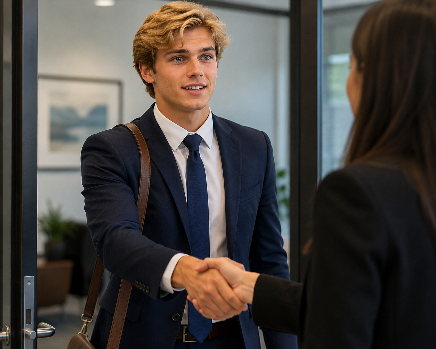 A young man in a blue suit shaking hands with a woman in a black blazer, both smiling. They are in an office setting with artwork and plants in the background.