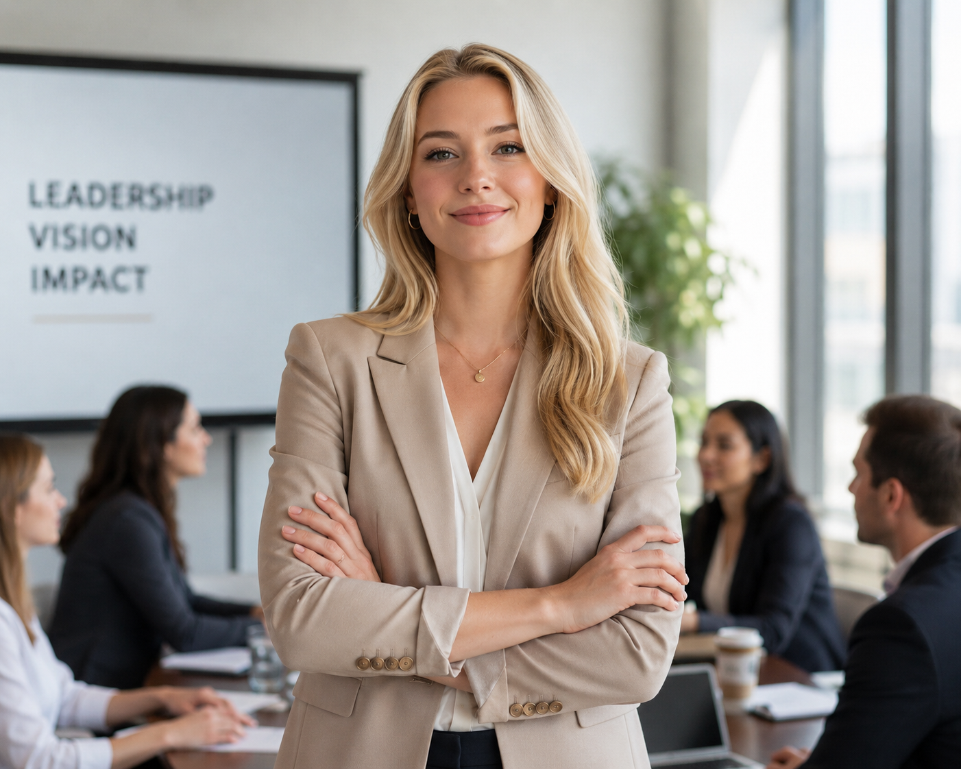 A confident businesswoman with blonde hair and a beige blazer standing with arms crossed in a meeting room with colleagues, and a presentation slide behind her shows words 'Leadership, Vision, Impact'.