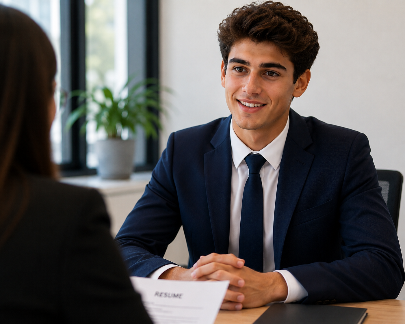 A young man in a navy suit and tie smiling during job interview with a woman in a black blazer, in a bright office with a plant in the background.