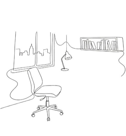 Illustration d'un espace de travail avec chaise de bureau, symbolisant la conception architecturale et le changement d'affectation pour les espaces professionnels et commerciaux à Genève.