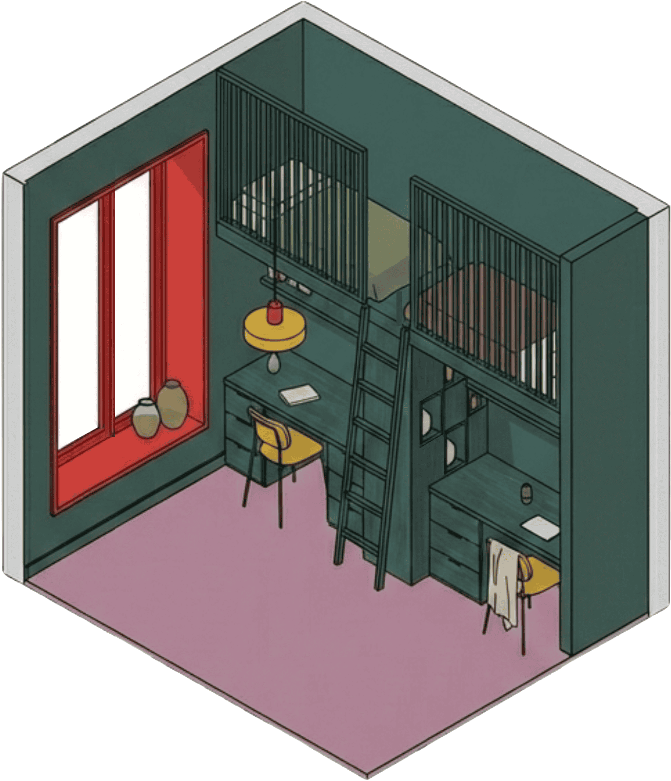 Plan isométrique 3D / Axonométrie illustrant le design intérieur d'une chambre à Genève. On y voit la structure sur mesure de la mezzanine bleue avec bureaux intégrés, contrastant avec le sol rosé et un cadre de fenêtre rouge vif.