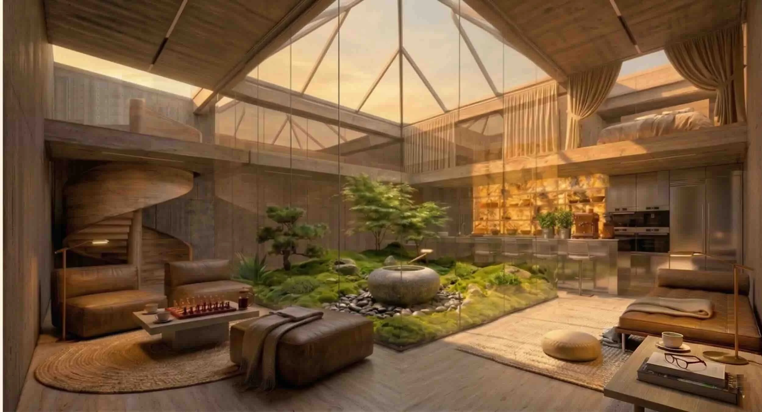Aménagement intérieur d'une villa genevoise contemporaine avec atrium central vitré abritant un jardin zen. Espace de vie baigné de lumière naturelle sous une verrière pyramidale avec escalier hélicoïdal et mezzanine en bois.