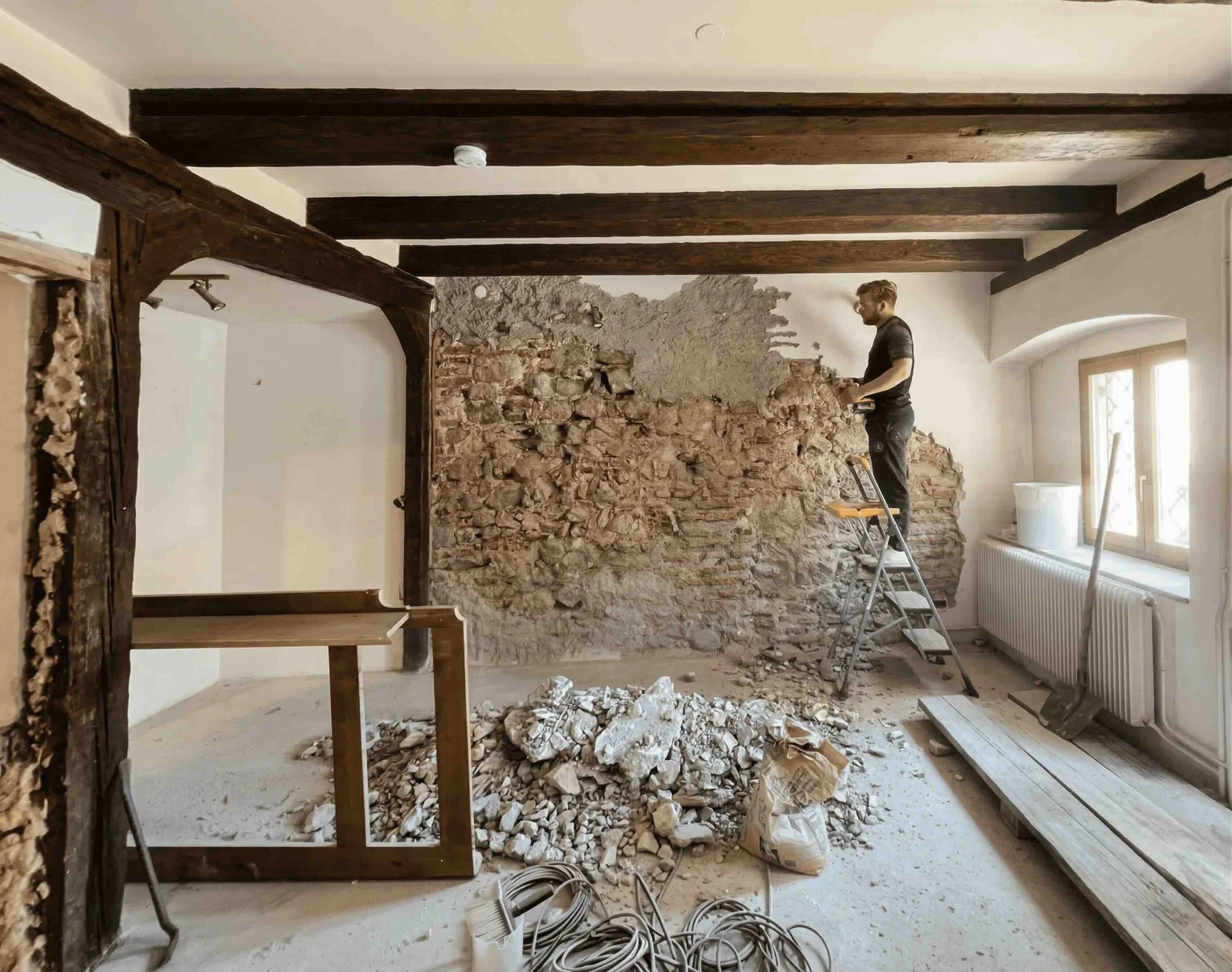 Chantier de rénovation à Genève : mise à nu d'un mur ancien en pierre et brique par un architecte pour une architecture durable et saine.