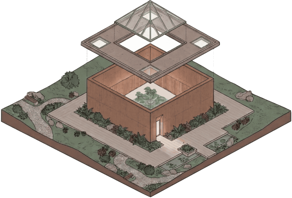 Éclaté axonométrique d'une villa passive montrant la structure d'un patio central intérieur et d'une verrière pyramidale. Schéma architectural sur-mesure en Suisse Romande à Genève.