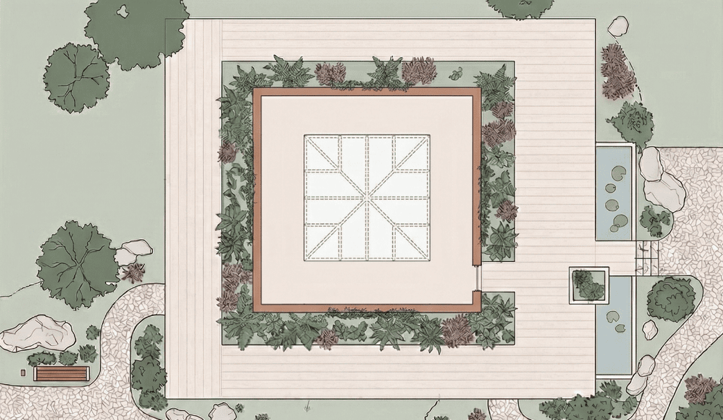 Plan de masse architectural d'une villa passive et bioclimatique à Genève. Vue de dessus illustrant l'intégration de la verrière centrale, des murs à forte inertie thermique et du bassin extérieur de récupération des eaux de pluie. Maison écologique.