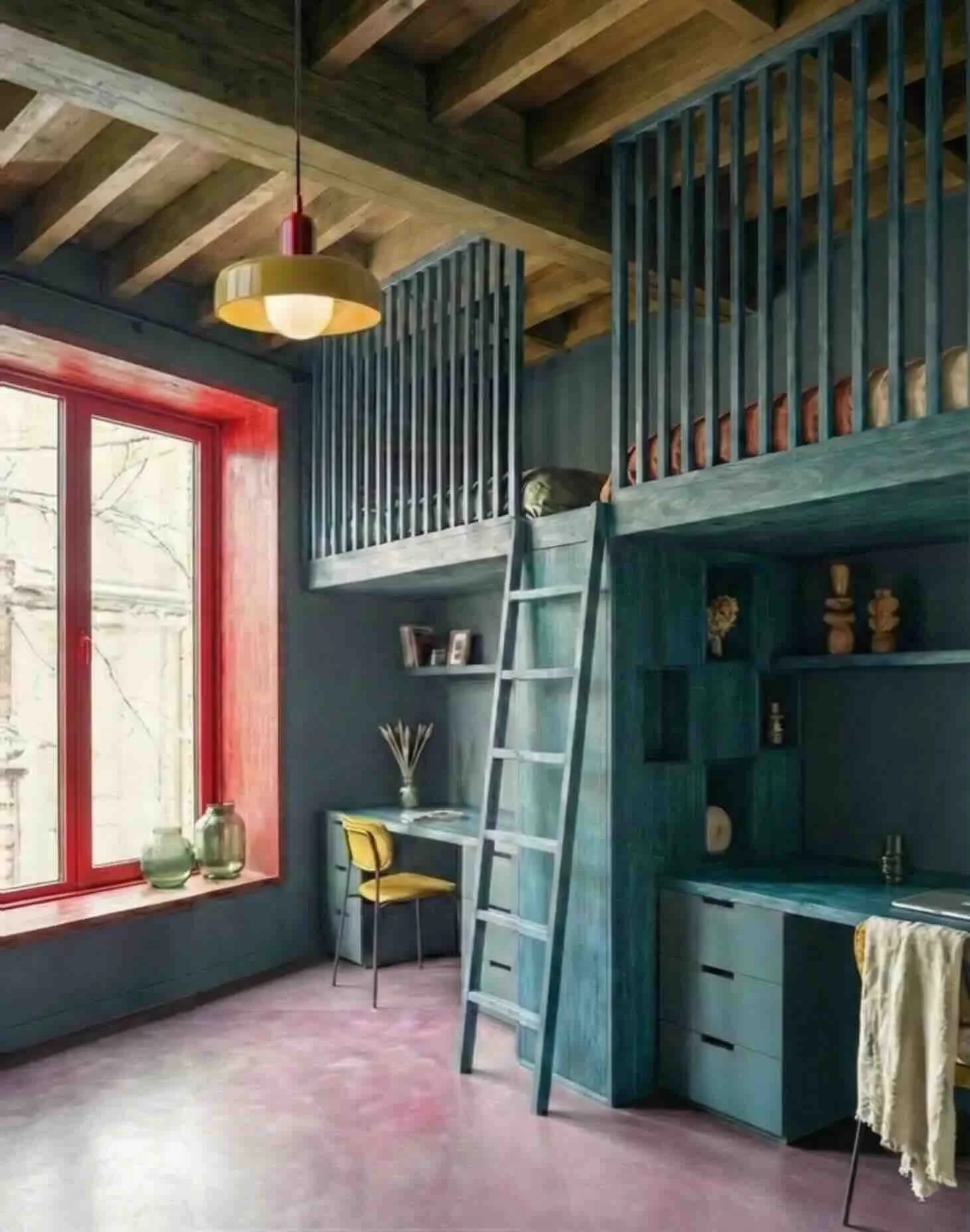 Rendu photoréaliste d'un aménagement intérieur type loft avec mezzanine en bois, échelle d'accès, fenêtre rouge et murs bleu pétrole. Concept de design d'intérieur à Genève. Rénovation d'une chambre.