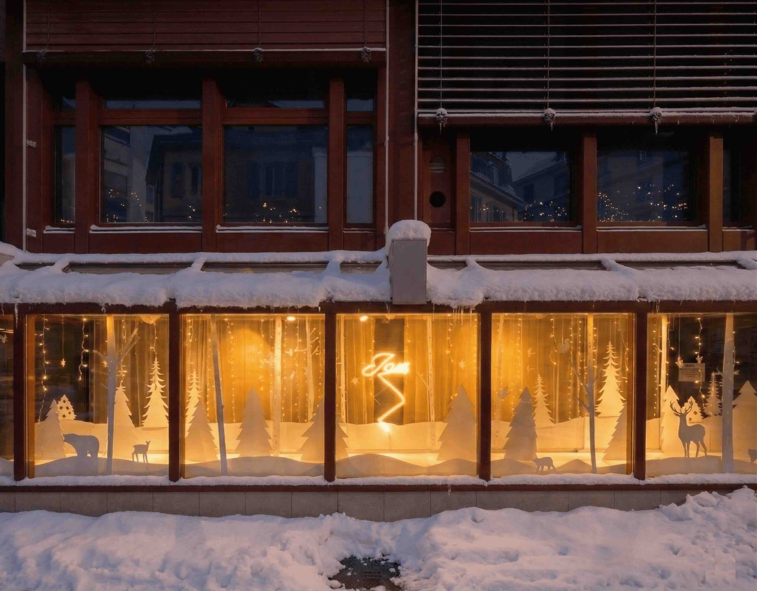 Vue nocturne d'une vitrine aménagée à Genève. L'espace devient une lanterne dorée grâce à l'éclairage chaud, aux guirlandes et au néon.