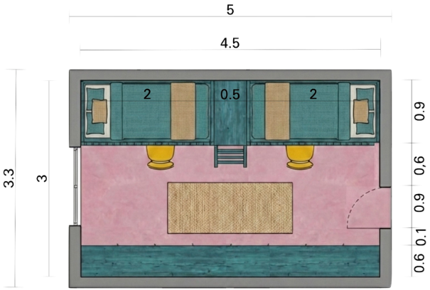 Plan architectural 2D coté détaillant l'aménagement sur mesure d'une chambre à Genève. L'implantation millimétrée démontre l'optimisation de l'espace avec la structure menuisée intégrant la mezzanine et les zones de travail.