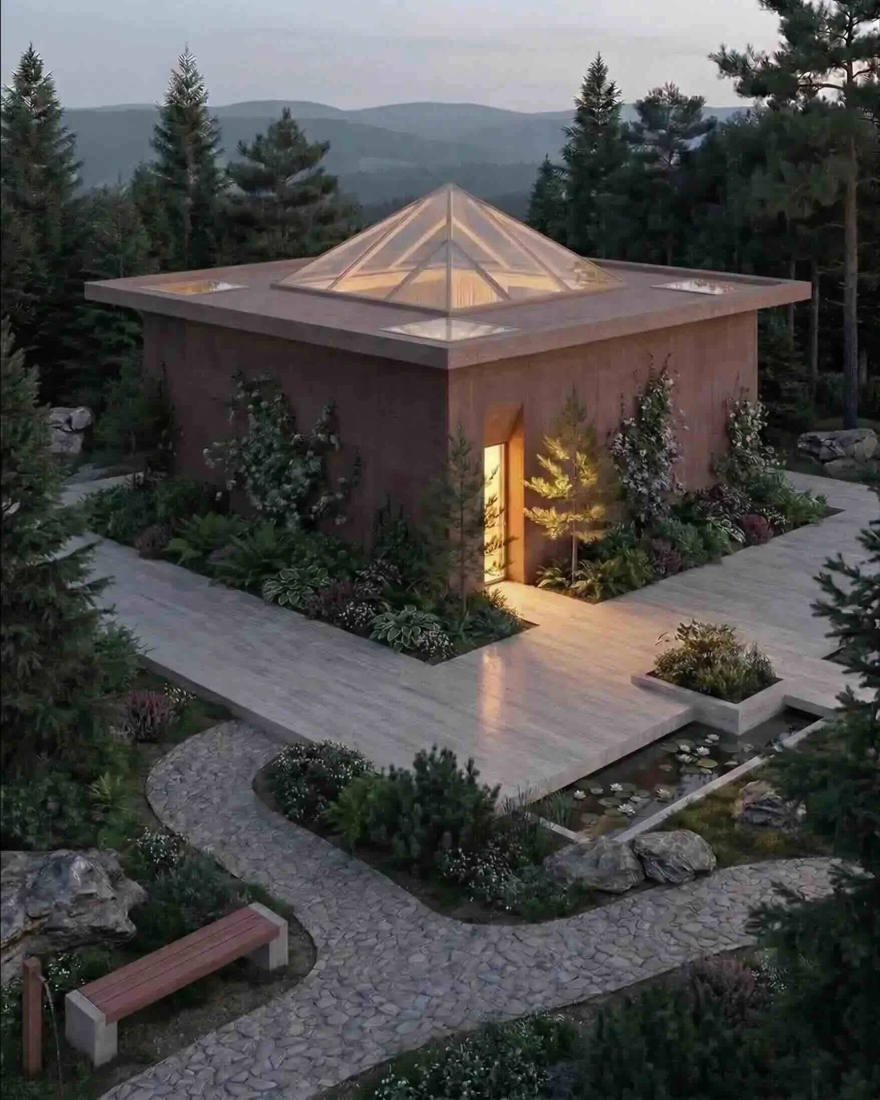 Vue extérieure au crépuscule d'une villa contemporaine en pisé moderne à toit plat à Genève. Architecture à haute performance écologique parfaitement intégrée dans un aménagement paysager soigné. éclairage chaleureux.