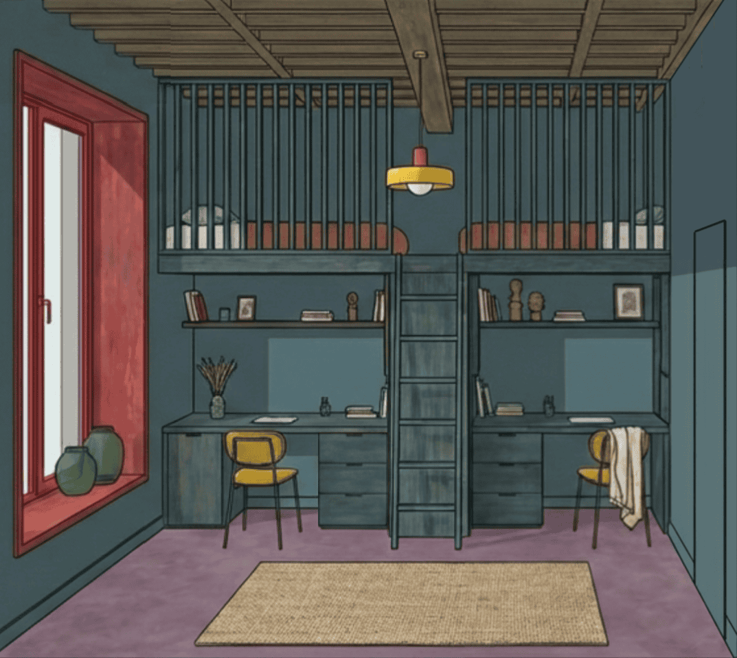 Vue de face illustrant l'aménagement d'une chambre avec une structure mezzanine bleue symétrique intégrant deux espaces bureaux. Le design souligne le contraste entre le bois contemporain, les poutres historiques et le sol aux nuances rosées.