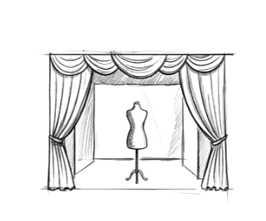Une scène de théâtre avec des rideaux partiellement ouverts, un mannequin de couture sur un support, et un fond sombre.