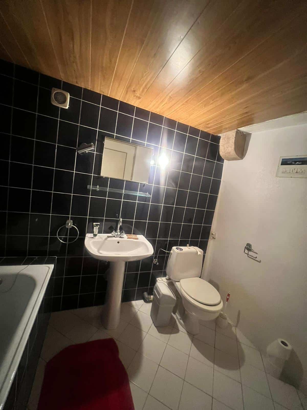 Ancienne salle de bain avec carrelage noir mural et plafond en lambris bois, en attente d'une rénovation complète par notre bureau d'architecture.