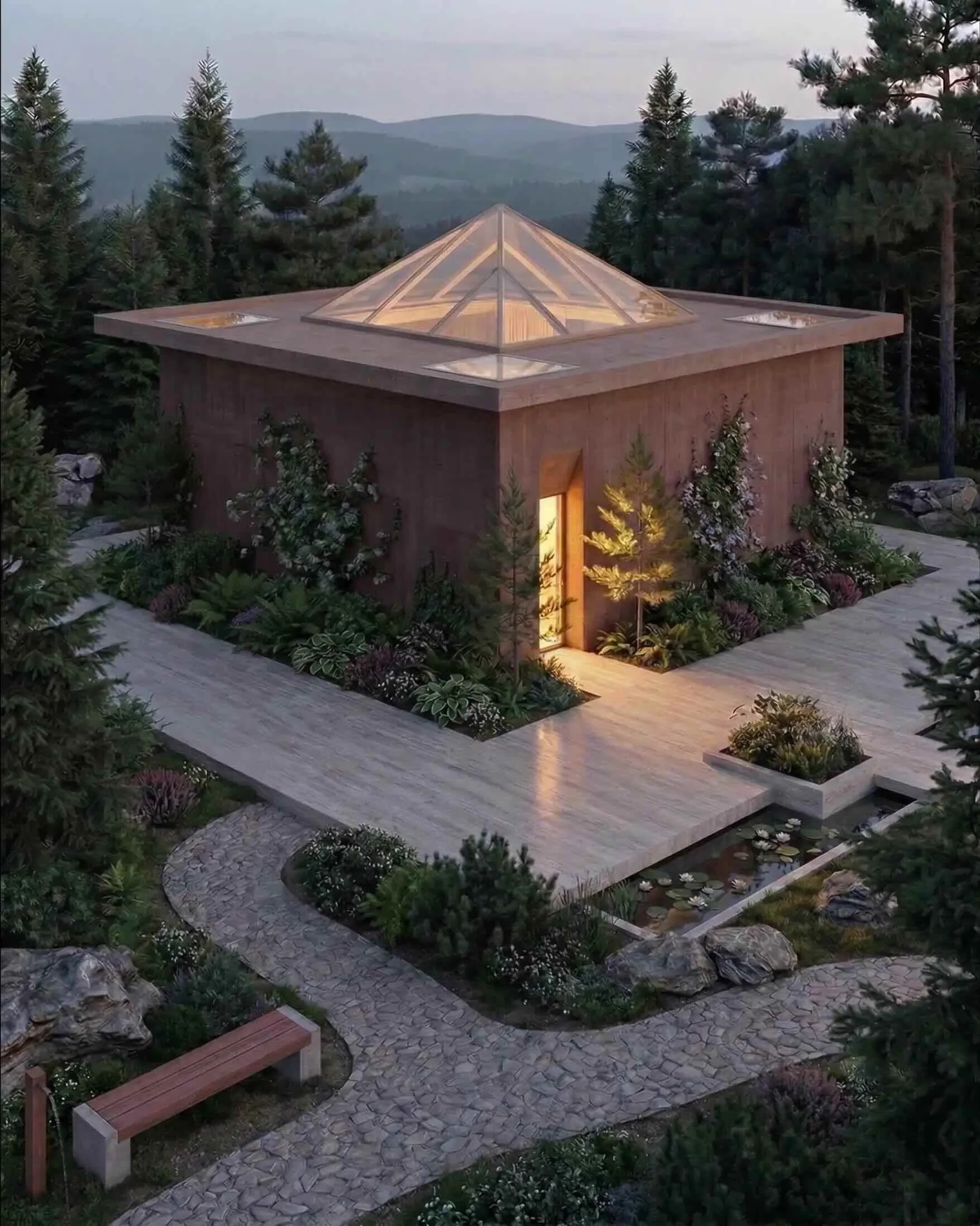 Rendu architectural d'une villa genevoise passive contemporaine avec dôme vitré central et jardin paysager sous éclairage nocturne chaleureux. Maison à Genève.