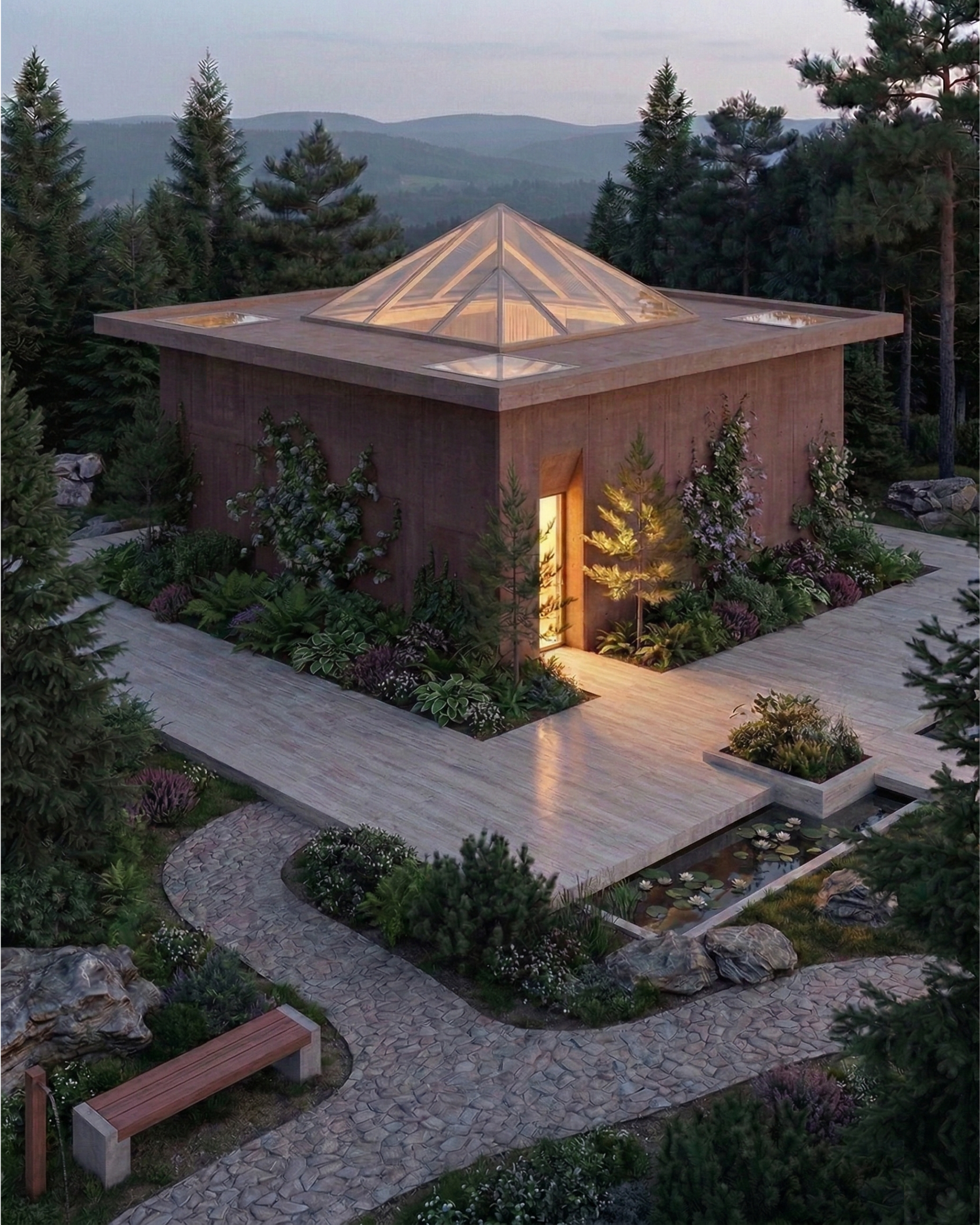 Une maison en bois entourée d'arbres, avec un toit en forme de pyramide en verre, un chemin pavé menant à l'entrée et un petit étang avec des plantes aquatiques.