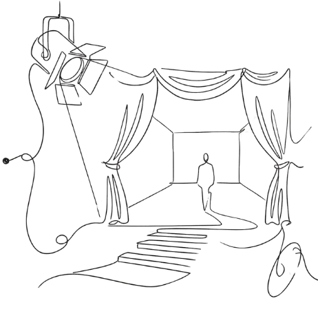 Croquis de rideaux de scène et de projecteurs, illustrant la création de scénographies artistiques et l'aménagement de vitrines pour les professionnels à Genève.