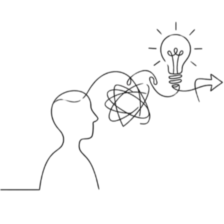 Illustration minimaliste d'un visage et d'une ampoule, symbolisant le service d'expertise et de conseil en architecture avant l'achat d'un bien immobilier de notre bureau d'Architecte à Genève.