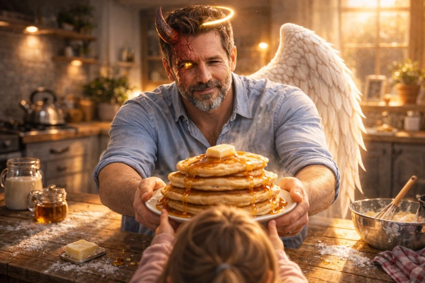 A man with devil horns, an angel wing, a glowing halo, and a half-demon half-angel face, smiling as he hands a plate of pancakes to a child in a cozy kitchen.
