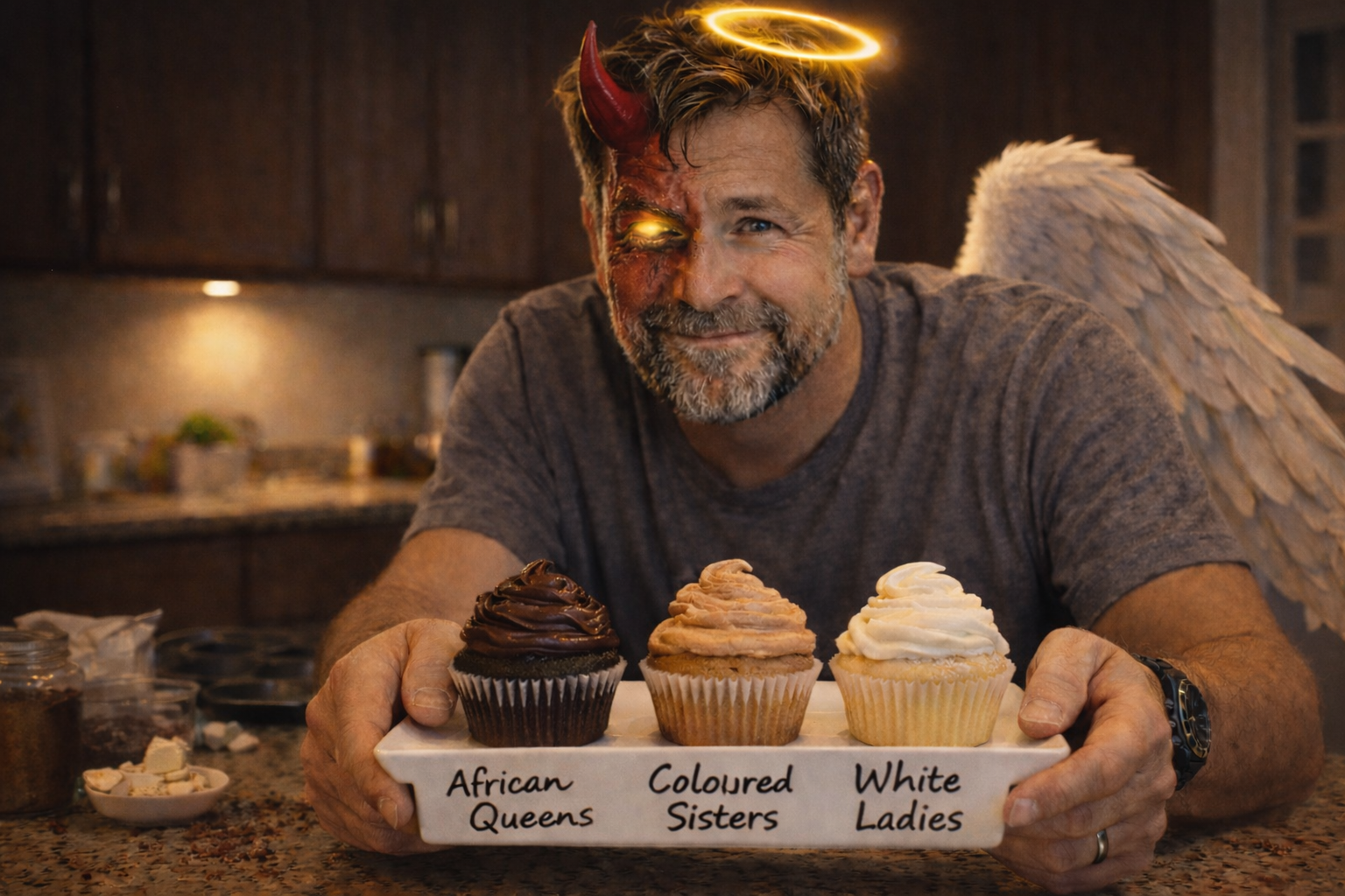 A man with a devil mask, angel halo, and wings holding a tray of three cupcakes labeled 'African Queens', 'Coloured Sisters', and 'White Ladies' in a kitchen.