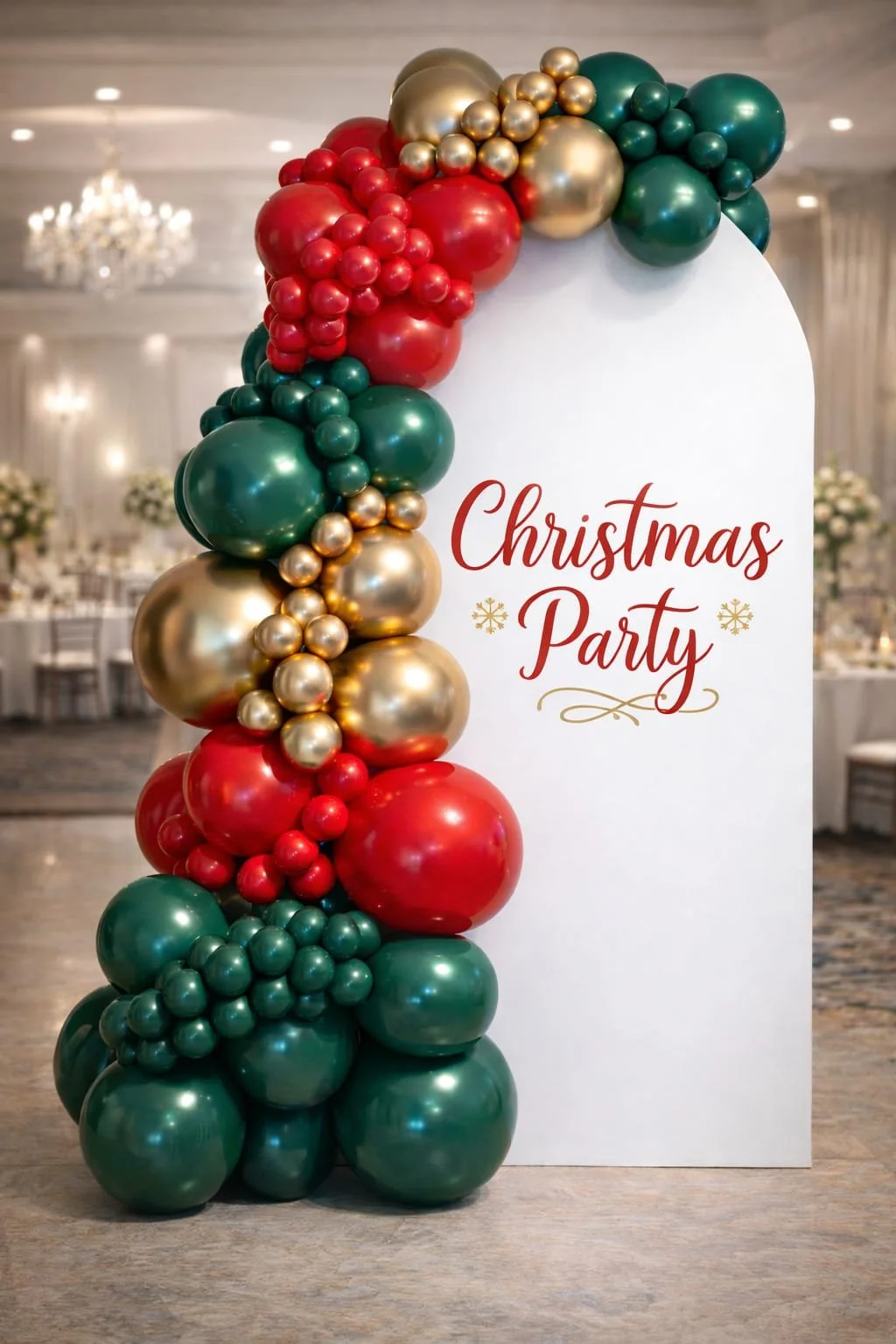 Christmas balloon arch in Hertfordshire with red, green and gold balloons, perfect for festive parties and event decorations