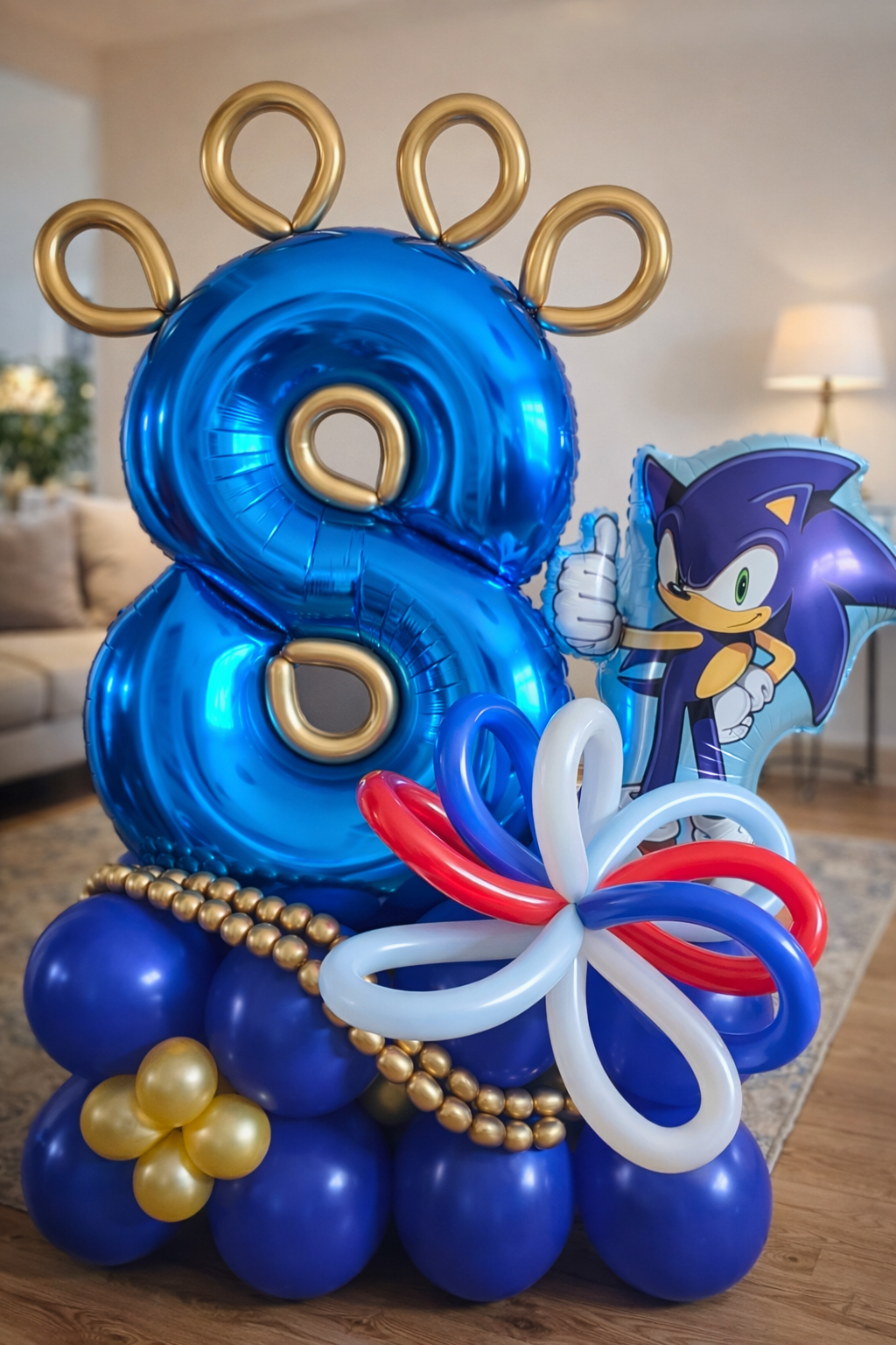 Children’s themed balloon display with Sonic character and number balloon for a birthday party in Hertfordshire by B'Loonies.
