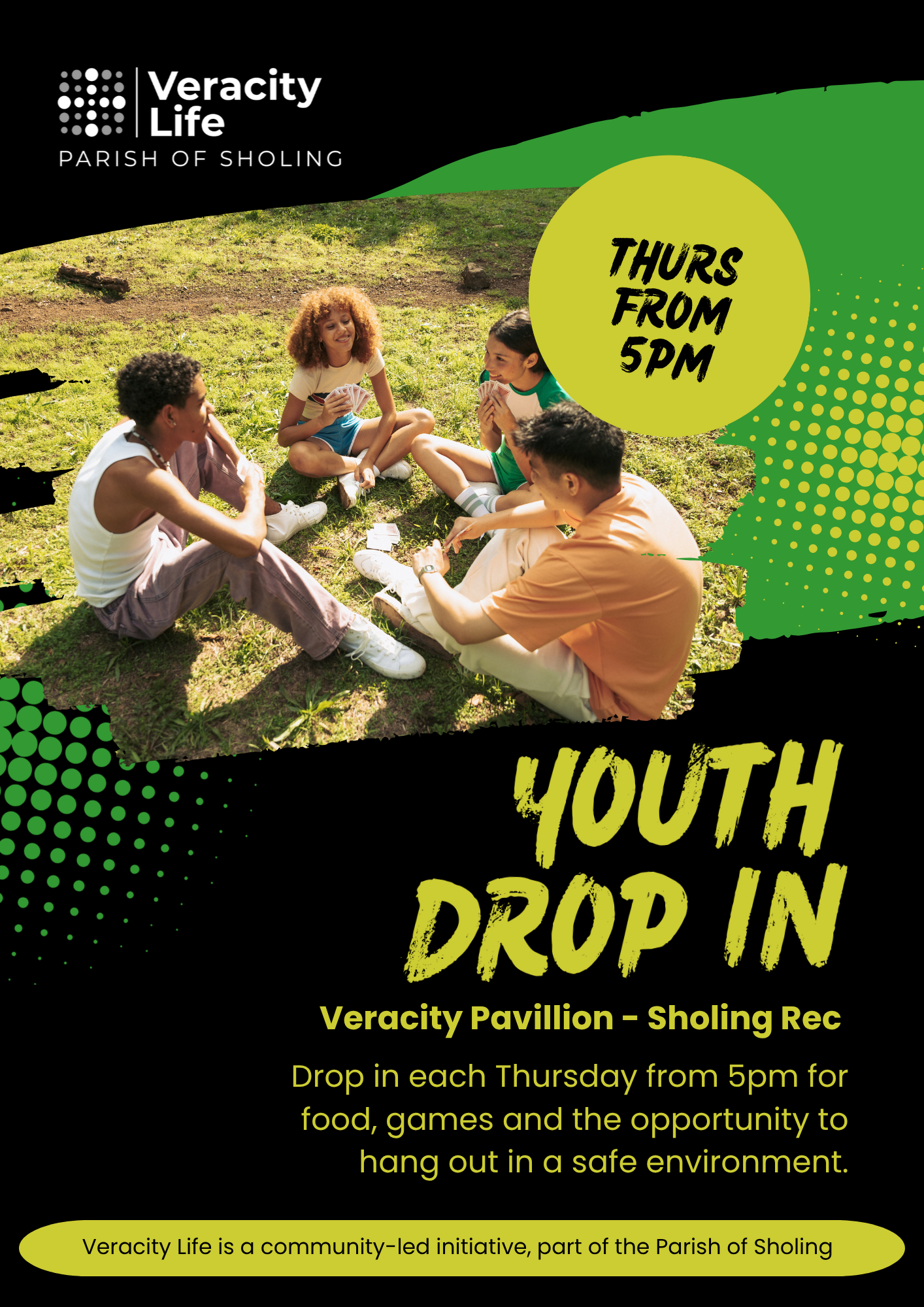 Flyer for Youth Drop-In event at Veracity Pavilion in Sholing Parish, happening every Thursday from 5 pm, featuring food and games in a safe environment, with a group of young people playing cards in a grassy outdoor setting.