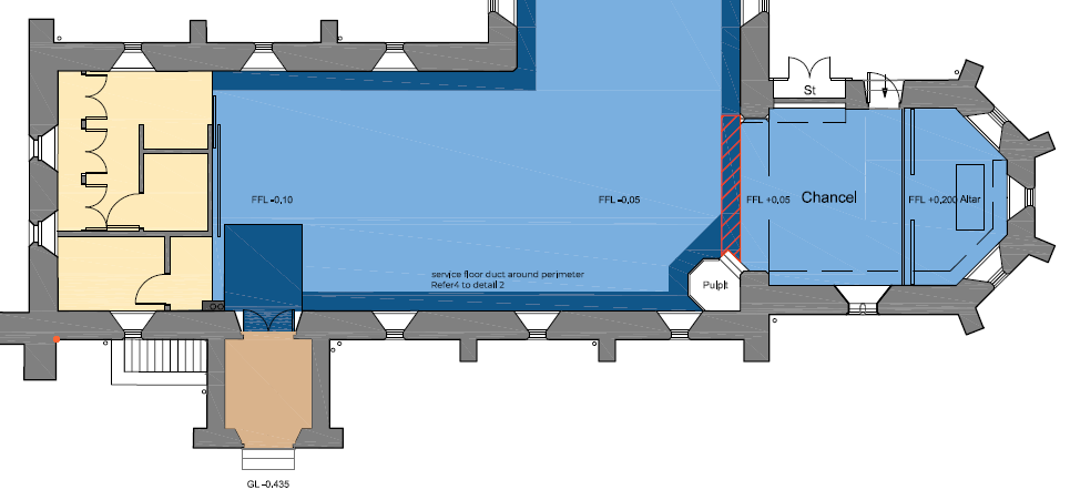 St Mary's Church Sholing architectural floor plan of a church with a nave, chancel, altar, pulpit, and adjacent rooms.