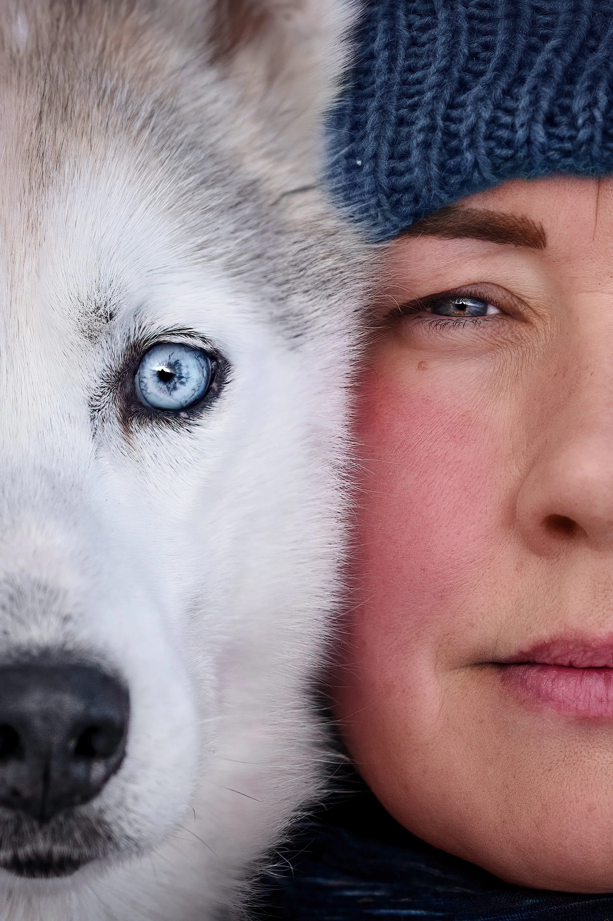 Kuvassa on ihminen ja husky-koira vierekkäin, heidän kasvojensa puolet näkyvät ja he katsovat kamerasuuntiin.
