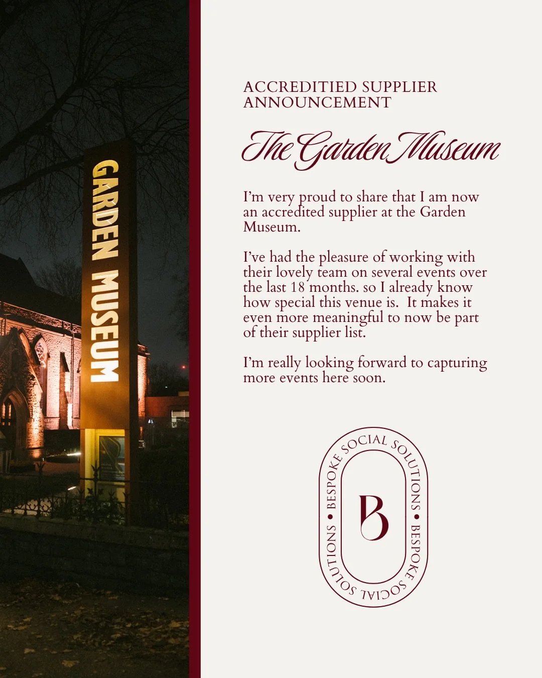 I&rsquo;m delighted to announce &hellip; I am part of the Garden Museums accredited suppliers list 🥂

Image credit: @markbothwellphotographer 

#accreditedsupplier #gardenmuseum #contentcreation #eventcontent #londonvenue